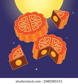 Moon cake illustration, traditional Chinese dessert moon cake in whole full size, pieces, quarter sliced, egg yolk. 2d and cartoon style. Happy Mid Autumn Festival. Vector illustration