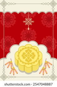 moon cake pattern greeting card flat design red color background