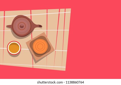 Moon cake and tea. Chinese mid autumn festival food. Flat Vector illustration.