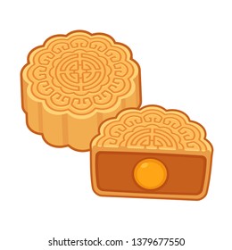 Moon cake, traditional Chinese round pastry eaten during Mid Autumn Festival. Cartoon mooncake with lotus seed paste filling and egg yolk. Isolated vector clip art illustration.