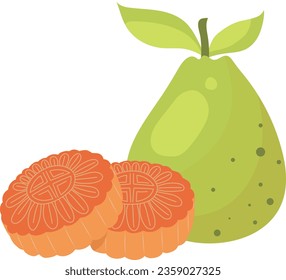 Moon Cake Traditional Dessert and Pomelo Fruit Illustration Graphic Element Art Card