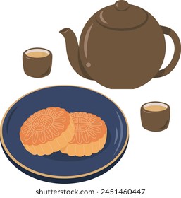 Moon Cake Traditional Dessert and Tea Cup Teapot Illustration Graphic Element Art Card