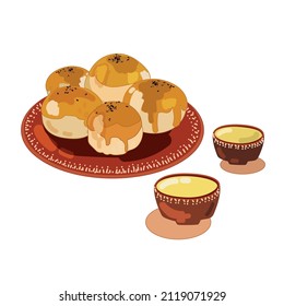 Moon cake yolk pastry,mooncake on the plate,with cups of green tea for Mid-Autumn Festival,drawn in cartoon style on a white backgroun.Taiwan dessert Egg yolk shortcake.Traditional Asian food.Vector 