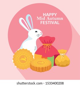 moon cakes and cute rabbit over pink background. happy mid autumn festival colorful design, vector illustration