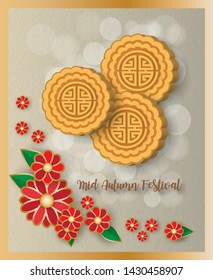 Moon cakes and flower with bokeh  background for greeting card , advertising . Mid autumn festival .