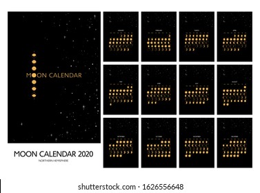 Moon calendar 2020. Moon phases. Set of 12 monthes. Vector hand drawn design.