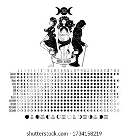 Moon calendar, 2020 year, lunar phases, cycles. Design illustrated with Triple Goddess symbol: Maiden, Mother and Crone. Vector illustration