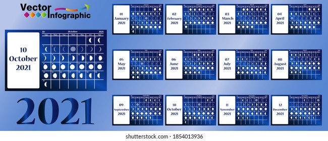 Moon calendar, 2021 calendar on a blue background