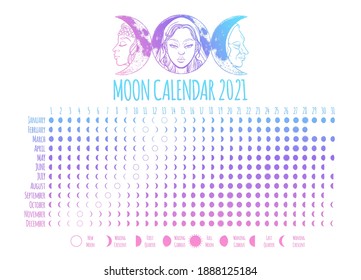 Moon calendar, 2021 year, lunar phases, cycles. Design illustrated with Triple Goddess symbol: Maiden, Mother and Crone. Vector illustration