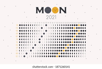 Moon calendar 2021 year. Trendy vector illustration.