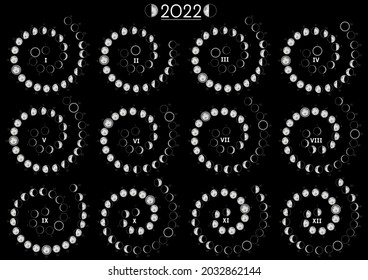 Moon Calendar 2022 Northern Hemisphere Black 12 months separated