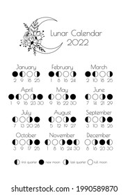 Moon Calendar 2022, Moon Phases 2022 Vector Illustration