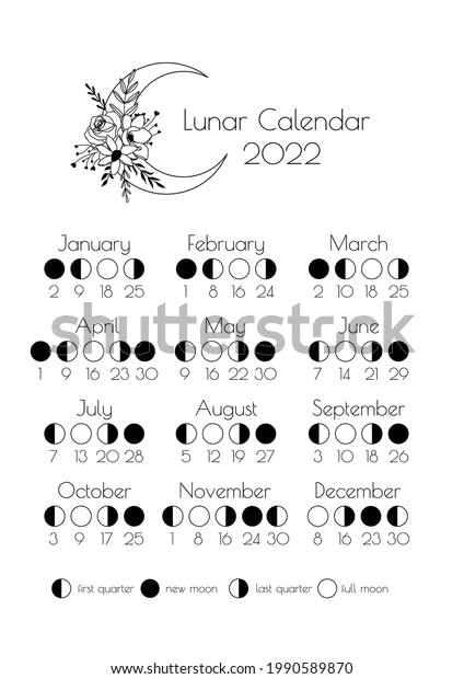 Moon Phase Schedule 2022 Moon Calendar 2022 Moon Phases 2022 Stock Vector (Royalty Free) 1990589870