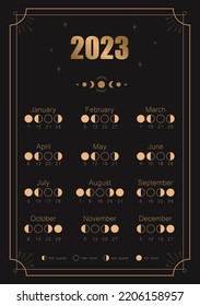 Moon calendar 2023 year. Lunar phases shedule template. Boho astrological poster. Vintage vector illustration.