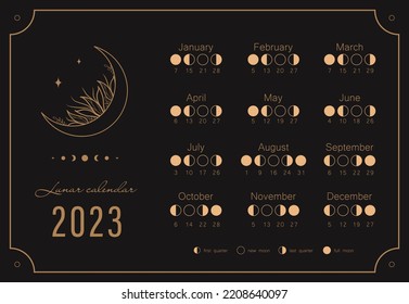 Moon calendar 2023 year. Lunar phases shedule template. Boho astrological poster. Vintage vector illustration.