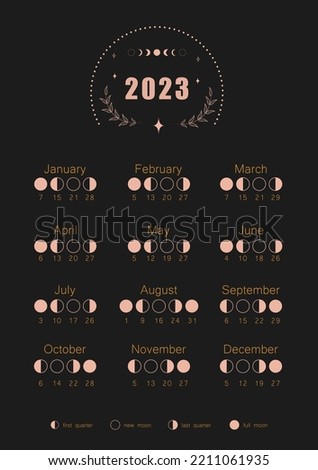 Moon calendar 2023 year. Lunar phases shedule template. Boho astrological poster. Vintage vector illustration.