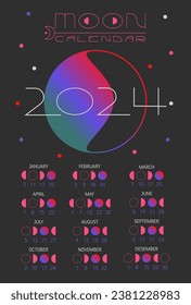Moon calendar 2024 year. Cyberpunk style. Hand draw illustration.