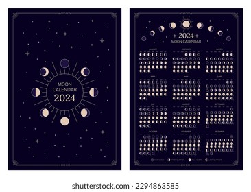 Moon calendar for 2024 year  lunar cycles planner template  Moon phases schedule  astrological lunar stages calendar banner  card  poster dark night background vector illustration