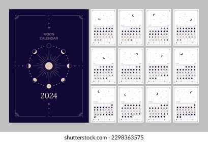 Moon calendar for 2024 year  lunar cycles planner template  Moon phases schedule  astrological lunar stages calendar banner  card  poster vector illustration