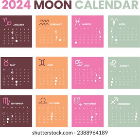 Moon Calendar 2024 with zodiac icons