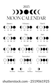 Moon calendar 2025. Printable elegant black and white lunar calendar. Moon Phases. Modern minimal moon calendar 2025 poster template design. Lunar phases schedule and cycles.