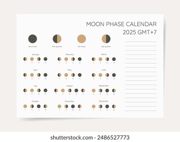 Moon Calendar 2025: Printable Vector Lunar Phases Template for Modern Astrology Planning and Eclipse Schedule