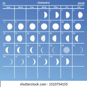 Moon calendar, January 2020 calendar on a blue background