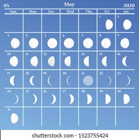 Moon calendar, May 2020 calendar on a blue background