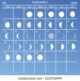 Moon calendar, September 2020 calendar on a blue background