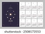 Moon calendar for the year 2025, lunar cycle planner template, lunar phases schedule Moon phases calendar, astrological moon wall calendar banner, card, poster vector illustration