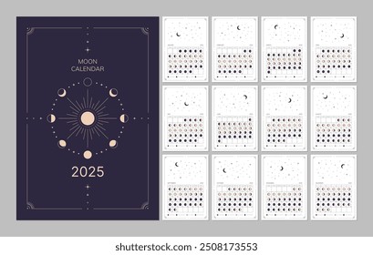 Moon calendar for the year 2025, lunar cycle planner template, lunar phases schedule Moon phases calendar, astrological moon wall calendar banner, card, poster vector illustration