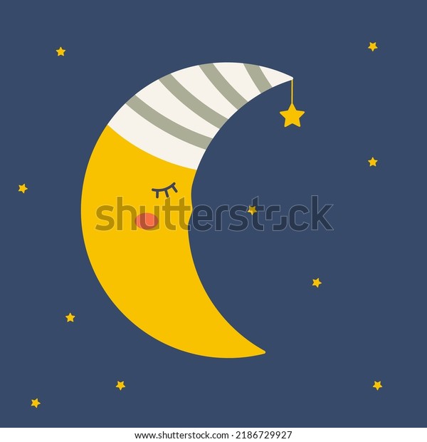 A moon in a cap slumbers in the night sky,\
surrounded by stars. Illustration for children. Vector. Good night.\
Sweet Dreams.