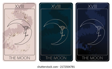 The Moon. A card of Major arcana one line drawing tarot cards. Tarot deck. Vector linear hand drawn illustration with occult, mystical and esoteric symbols. 3 colors. Proposional to 2,75x4,75 in.