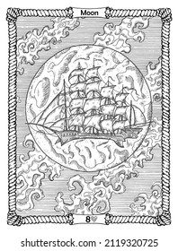 Moon card from the oracle Old Marine Lenormand deck with ship at night sky. Nautical vintage background, coloring book page, t-shirt and tattoo vector graphic, pirate adventures concept. 