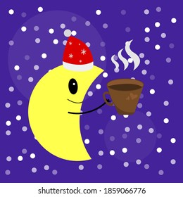 moon cartoon character with cute smile holding a cup of aromatic coffee in his hand against the background of the night sky concept of the cold season and warming drinks