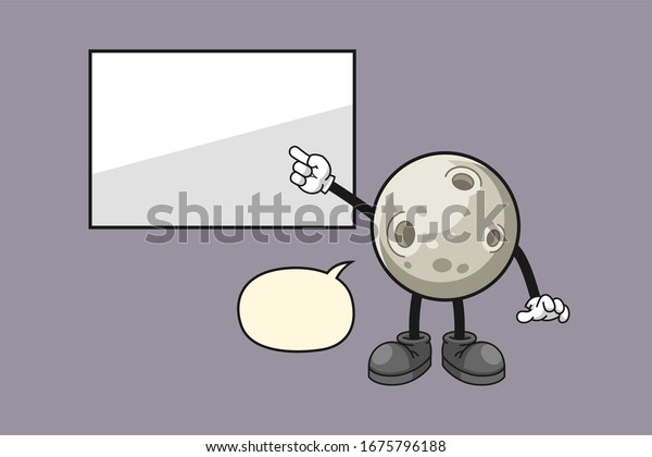 Moon cartoon\
character pointing a\
whiteboard