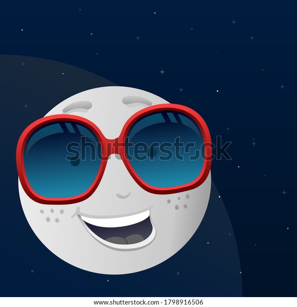 Moon\
cartoon character with red sunglasses.Vector illustration of\
cartoon moon character smiling with\
sunglasses.