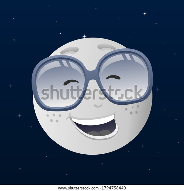 Moon cartoon character\
smiling at night.Vector illustration of cartoon moon character with\
sunglasses.