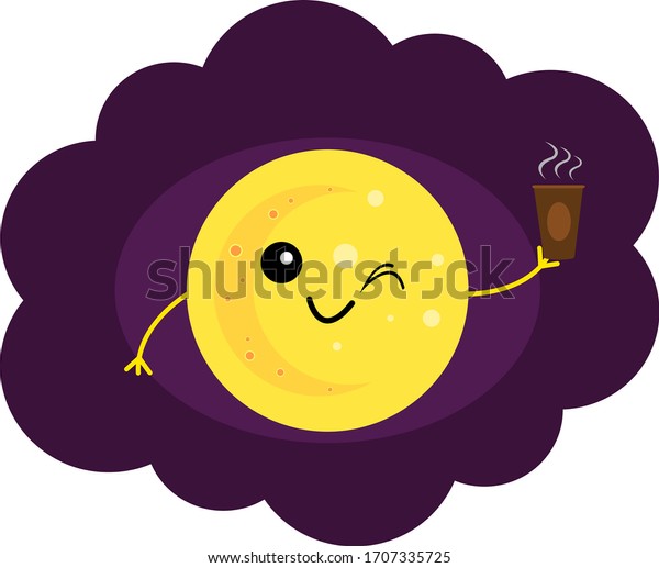 moon cartoon character\
winks and smiles against a purple night sky he holds in his hand a\
glass of aromatic coffee concept of a popular invigorating drink\
logo for design