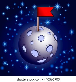 Moon, cartoon or doodle design, vector illustration, stars background. Red flag. Achievement and goal or target concept. Target hit. 