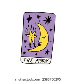 The Moon cartoon doodle Tarot logo or label, magic cards reader, hand-drawn sketch brush simple minimal print for magical esoteric souvenirs. Witchy female hand drawn magic love fortune spell