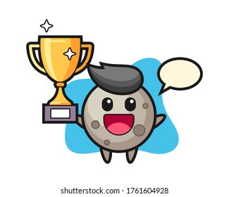 Moon cartoon happy holding up the golden trophy