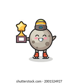 moon cartoon as an ice skating player hold winner trophy , cute style design for t shirt, sticker, logo element