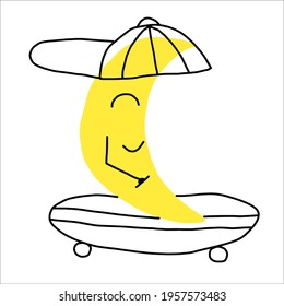 Moon cartoon ride a skateboard, vector
