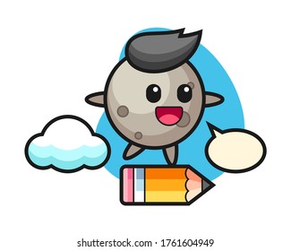Moon cartoon riding on a giant pencil