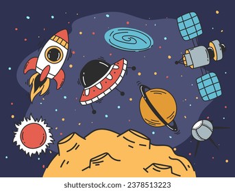 Moon cartoon space surface planet galaxy universe concept. Vector flat graphic design illustration