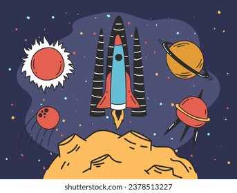 Moon cartoon space surface planet galaxy universe concept. Vector flat graphic design illustration