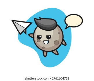 Moon cartoon throwing paper airplane