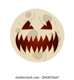 Moon with carved scary spooky jack o lantern creepy toothy smile face. Evil happy halloween holiday celebration symbol on lunar surface. Vector eps illustration isolated on white background