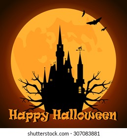 Moon, castle, trees and bats